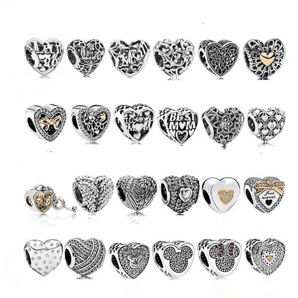 925 Sterling Silver Ciondola Charm Festa della mamma Regalo a forma di cuore Ali a forma di arco Bead Fit Pandora Charms Bracciale Gioielli fai da te Accessori