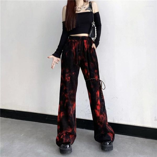 Damenhosen Frauen Tie Dye Cool Street Goth Hose mit weitem Bein Dark Gothic Schwarz Rot Lady Lange Herbst elastische Taille Schnürhose Slim Hose