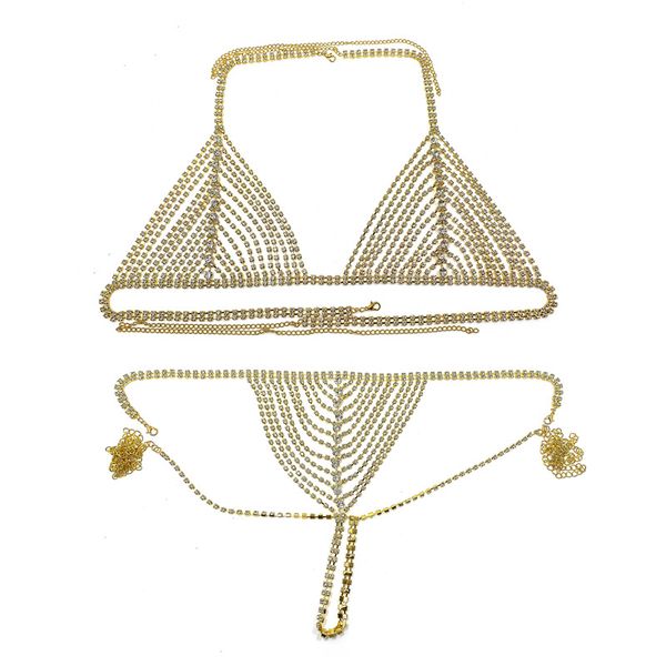 Tasarımcı Erotik Hediye Rhinestone Vücut Zinciri Seksi Parlak Set Bikini Göğüs Zinciri Panties Gece Kulübü Tarzı Elbise Göster Sütyen T-Back Takı 1149