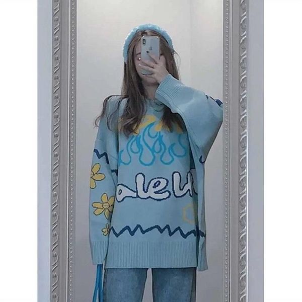 Damen Hoodies Sweatshirts Park Pullover Frauen Herbst und Winter Kawaii süße süße blaue Graffiti lose mittellange Strickmantel Übergröße hält