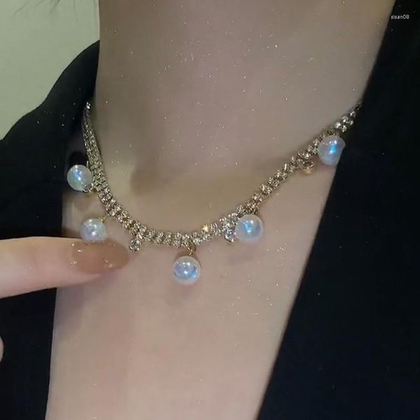 Catene Collana di perle di sirena con strass di lusso Temperamento di fascia alta da donna Semplice catena di clavicola Gioielli per feste di matrimonio