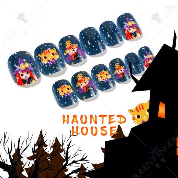 Unghie finte 14 Manicure per bambini in stile zucca fantasma di Halloween con decorazione di toppe per unghie finte Copertura completa Uso staccabile