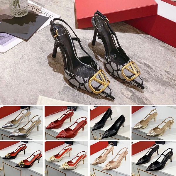 Sandálias de salto alto da marca de luxo feminino designer de verão Sapatos pontiagudos clássicos de metal de metal de ouro 4cm 6cm 8cm 10cm Sapatos finos de casamento vermelho com bolsa de poeira 34-44 ZM13