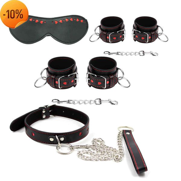 Escravo de massagem BDSM Bondage Handcuffs Set com colarinho de colarinho erótico brinquedos sexuais para mulheres casais amarram jogos de flerte.