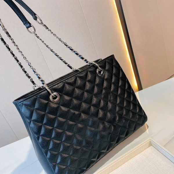 Französische Einkaufstasche, Leder, gesteppt, Rhombus, klassische, namhafte, berühmte Designer-Handtasche, Schwarz, großes Fassungsvermögen, 35 cm, Umhängetasche für Pendler, Street, One-Shoulder-Tasche