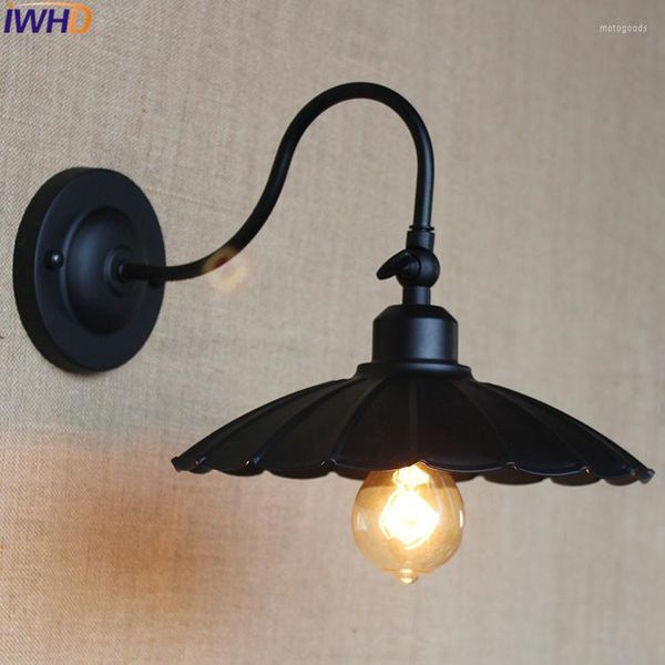 Wandleuchte IWHD Retro Loft Industrieleuchten Vintage Nachttisch-LED-Licht Schwarzer Metalllampenschirm E27 Edison-Glühbirnen 110 V/220 V
