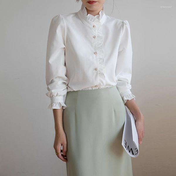 Blouses feminina clássica e simples Office Ladies White Shirt 2023 Autumn French Vintage Ruffle Collar Sleeve Court Style Bouse Mulheres