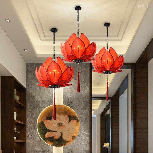 Lampade a sospensione Lampada cinese personalizzata Lampadario di loto Sala da pranzo in stile cinese Sala da tè Zen Illuminazione del salone di bellezza