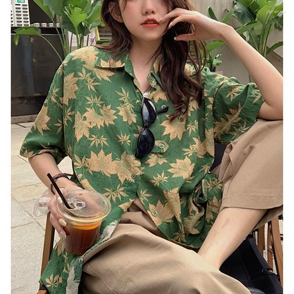 Blusas femininas vintage verde folha floral havaí camisetas de praia masculina botão de moda para cima camisa de manga curta Tops de verão harajuku