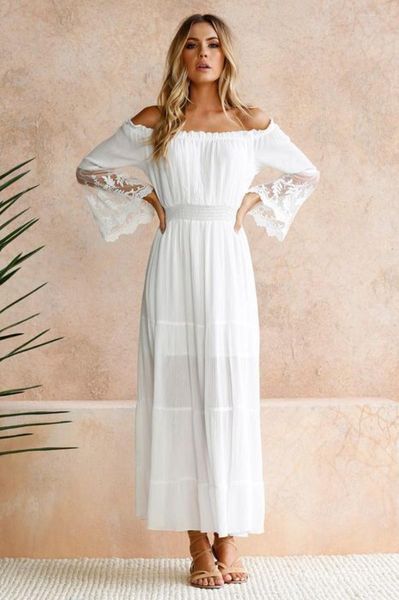 Sıradan Elbiseler Happie Queens Kadın Beyaz Dantel Kapalı Omuz Bohemian Maksi Parlama Kolu Seksi Gece Dress Vestidos Boho Robe