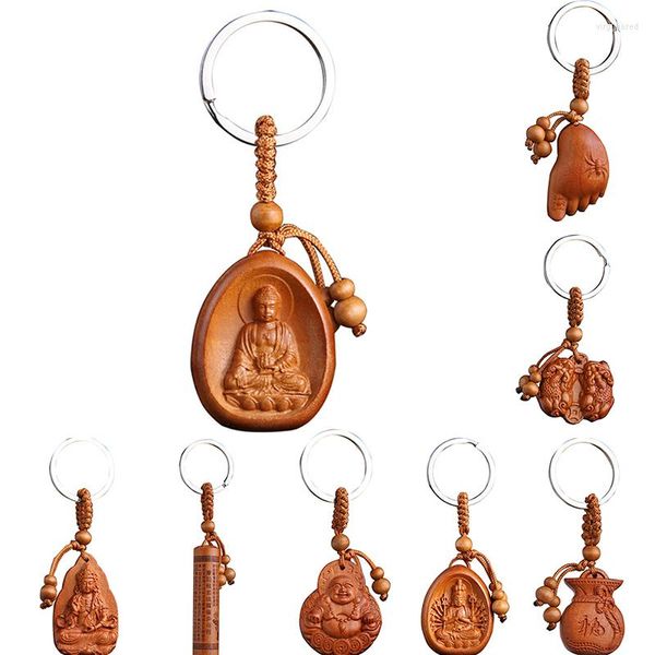 Schlüsselanhänger Glück Holzschnitzerei Buddha Anhänger Schlüsselbund Schmuck Schnalle Unisex Chinesischer Schlüsselring für Autotasche Großhandel