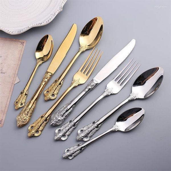 Dinnerware Sets 24pcs talheres dourados faca de jantar de ouro e colher de chá de luxo de luxo talheres de tabela de tabela Vintage Western Set Presente de Natal