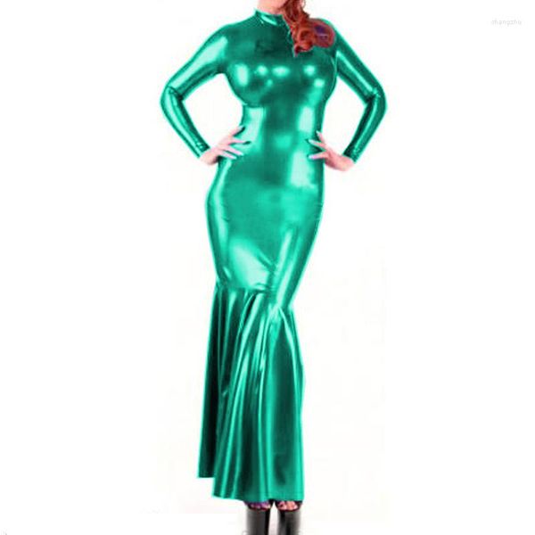 Lässige Kleider, Rollkragen, glänzendes PVC-Leder, Meerjungfrau-Kleid, langärmelig, Stretch, Kunstlatex, Gothic, Midi-Saum, Rüschenkante, Clubwear