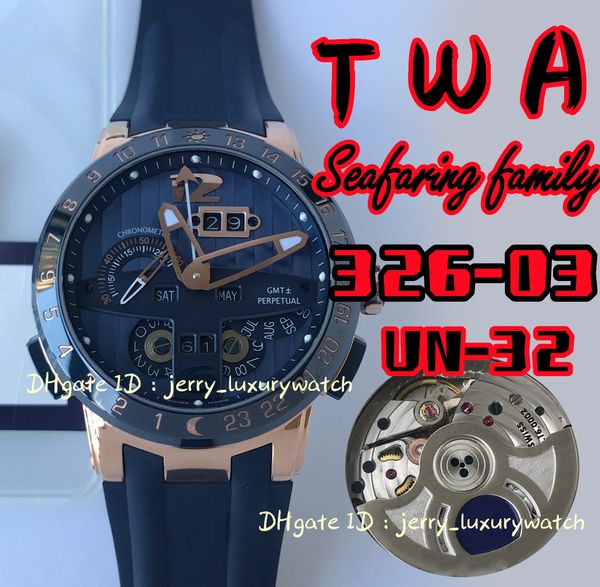 TWA 326-03 Black Toro Perpétuo Calendário de luxo de luxo Relógio UN-32 Movimento de fechamento da cadeia automática, aro de aço/cerâmica/brown/coroa de cerâmica 316L, vidro de safira, 43 mm, um