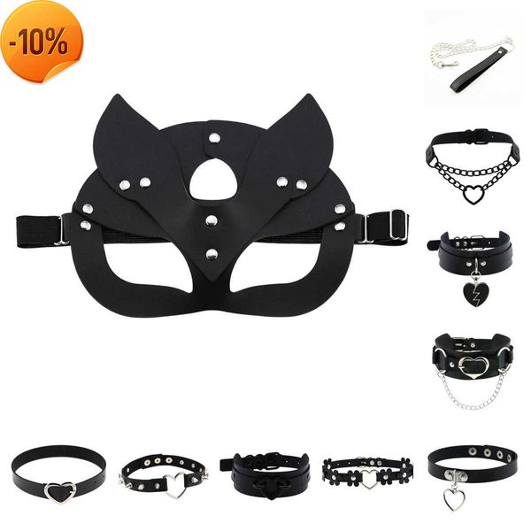 Massaggio Fetish Bdsm Bondage Accessori esotici neri di maschera di gatto in pelle Cappuccio con manica al collo per donne Coppie Maschera per feste di Halloween