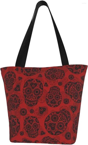 Aufbewahrungstaschen, rot und schwarz, Zuckerschädel, sportlich, extragroß, Canvas-Schultertasche mit Griff oben, für Fitnessstudio, Strand, Wochenendausflüge, Reisen