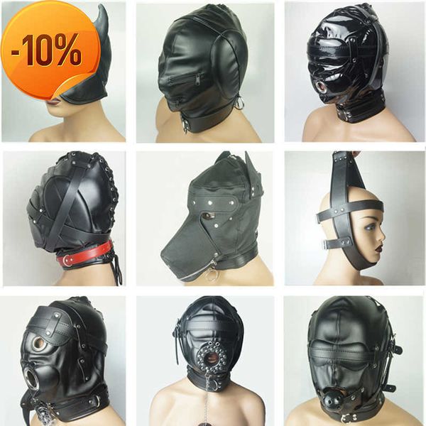 Massaggi Bondage Full Hood Mask BDSM Sex Toys Per coppie Slave Imbracatura in pelle Imbottito Gimp Dildo/Anello/Ball Gag Blindfold