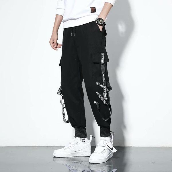 Pantaloni da uomo Minimalista Nero Uomo Nastri alla moda Pantaloni tattici larghi Tute casual Pantaloni sportivi da jogging con coulisse per adolescenti