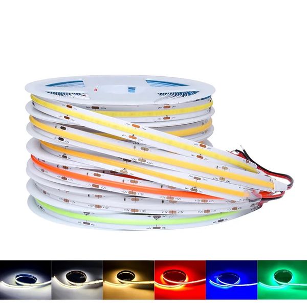 DC12V 24V COB LED Strip Light 10mm 300LED/M Flex LED ad alta densità Nastro luminoso Dimmerabile FOB Nastro lineare Rosso Verde Blu 3000K 4000K