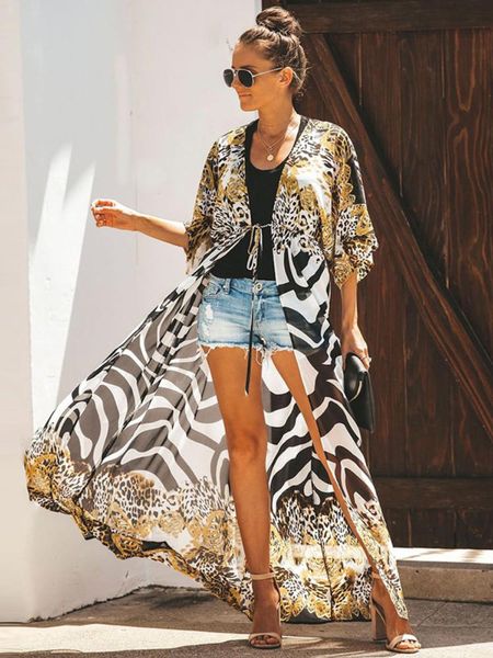 Roupa de banho biquíni cobrir chiffon praia quimono feminino leopardo impresso capa longa para maiô túnica verão beach wear fornecimento de fábrica