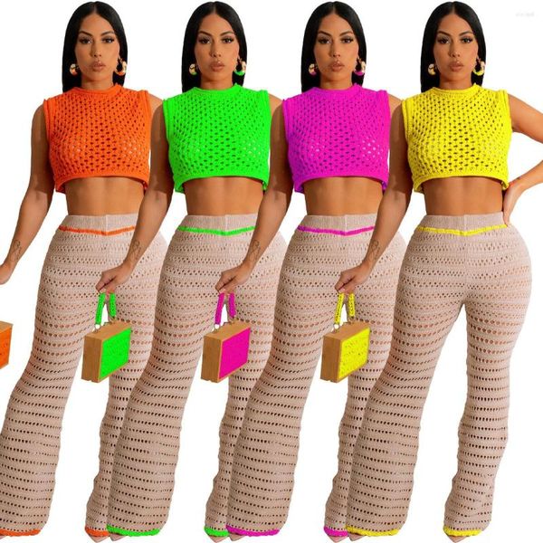 Frauen Zweiteilige Hosen Sommer Sexy Gestrickte Lange Sets Frauen Aushöhlen Tank Crop Top Und Breite Bein 2 strand Tragen Casual Outfits 2023