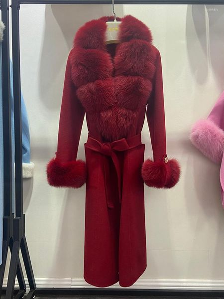 Cappotto da donna in lana da donna invernale fatto a mano double face in lana di colore rosso con collo in vera pelliccia lungo cappotto femminile caldo