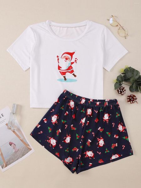 Kadın pijama tarzı Lady's Noel Baba baskı kısa kollu tişörtler şort pijama seti Mutlu Noeller Günlük Ev Takım