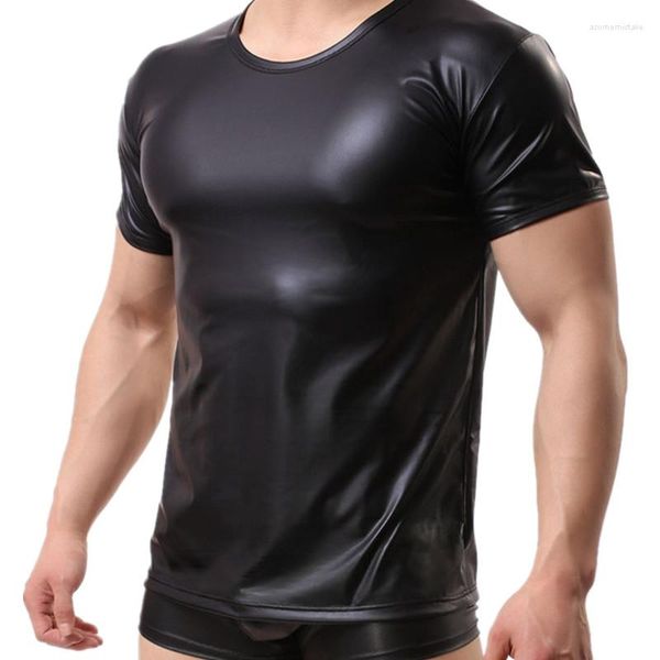 Herren-T-Shirts, starke Herren, sexy Kunstleder, schwarzes T-Shirt, Tops mit kurzen Ärmeln, O-Ausschnitt für männliche Gay Wear-Unterhemden