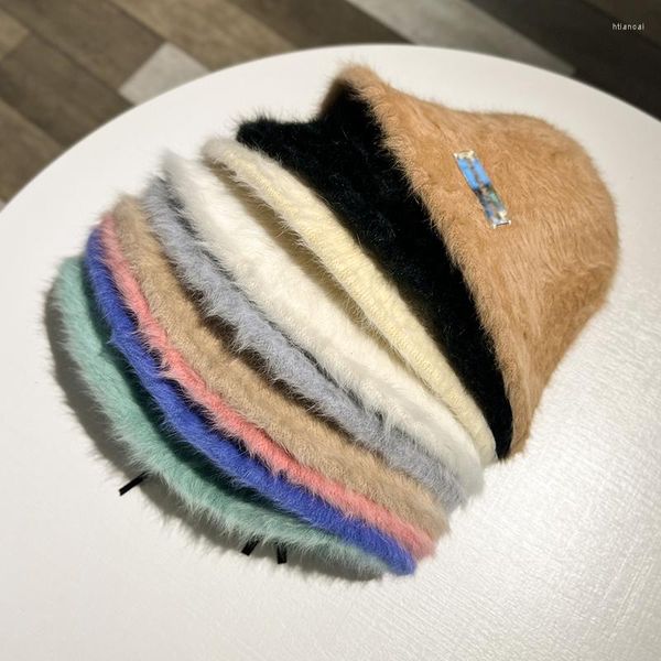 Berretti Autunno Inverno 9 Colori Cappelli a secchiello Donna Miscela di lana Soffice pelliccia Cupola Cappellini da pesca Moda calda Etichetta dorata Cappello da pescatore 56-58 cm