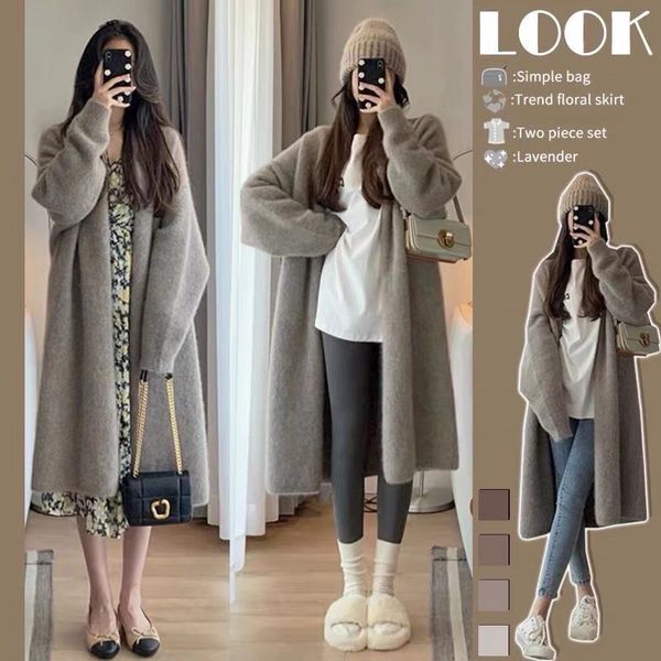 Net Celebrity Burst gestrickte Damen Herbst und Winter neues Design Sinn für kleine hochwertige lange Strickjacke V-Ausschnitt Mantel Pullover Großhandel