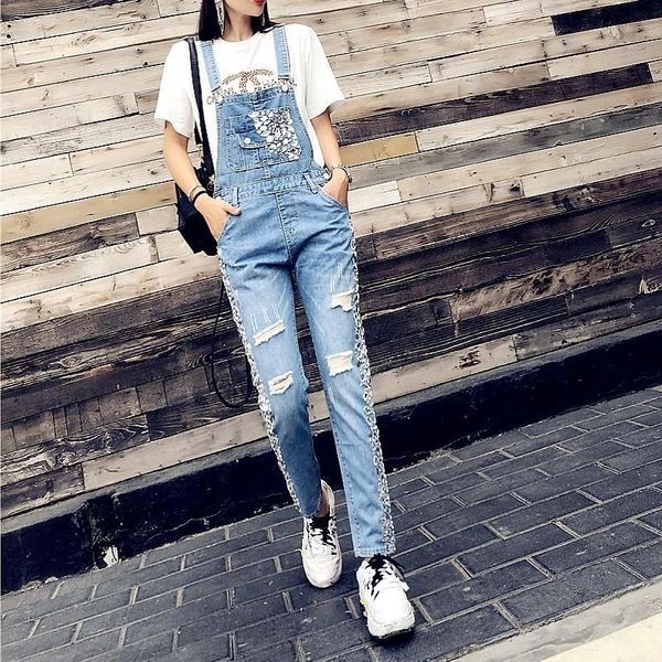 Frauen Overall-spielanzug 2023 Frühling Sommer Diamant Aushöhlen Lose Denim Frauen Mode Streetwear Overalls Tasche Jeans Kleidung