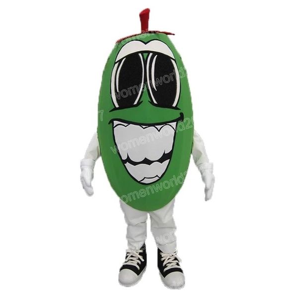 Halloween Green Pepper Mascot Costume Simulação de desenho animado Roupa de caráter de adultos roupas de natal vestido de fantasia para homens para homens mulheres