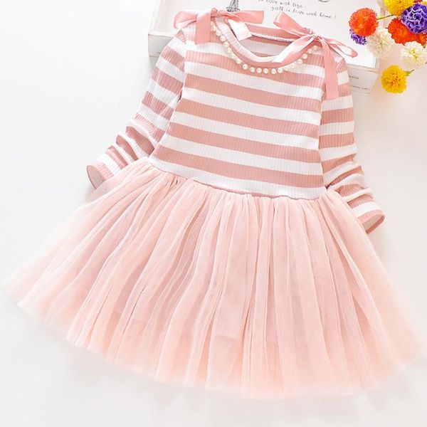 Vestidos de meninas Baby Stripe de manga comprida Mosaic Mesh Dress 2023 Autumn Little Sweet Pattern Padrão unhas