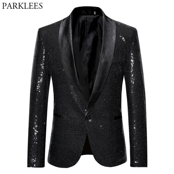 Abiti da uomo Blazer Nero Paillettes One Button Collo a scialle Giacca da uomo Bling Glitter Nightclub Prom Giacca da DJ Giacca da uomo Abiti da palcoscenico per cantanti 230512