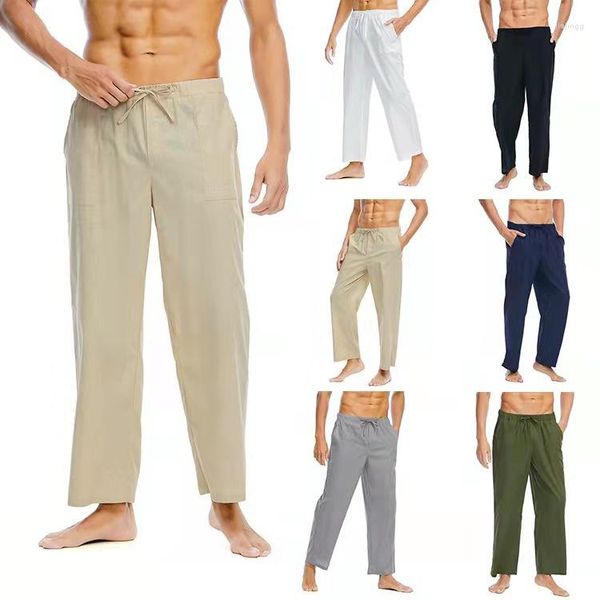 Calça masculina linho de algodão masculino calça molhada 2023 homem moda moda simples casual home yoga branco preto cinza