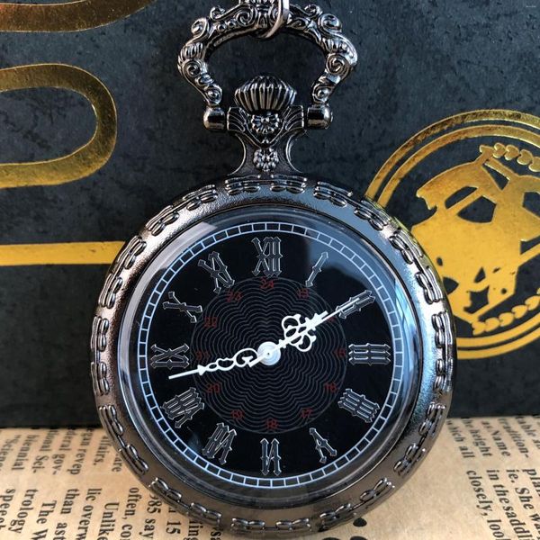 Карманные часы черные классические Quartz Watch Roman Numerals Ювелирные украшения унисекс личность ожерель