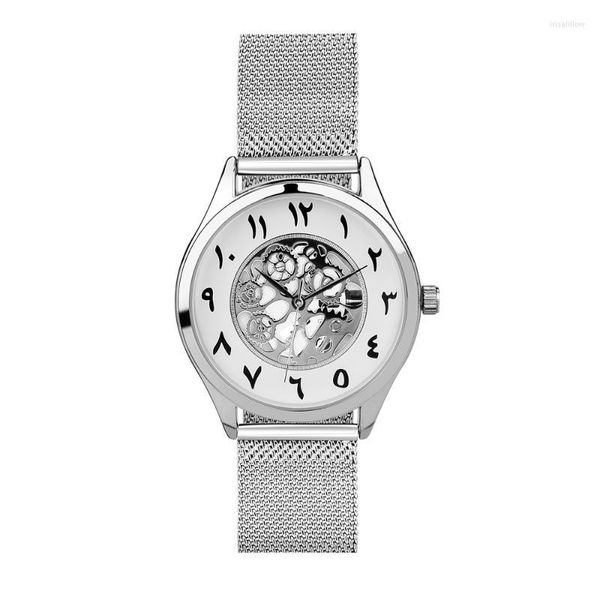 Relógios de pulso numeral árabe unissex Horloge Silver Mesh relógio. Dial de esqueleto Face Movimento japonês Montre de Luxe Homme Muslim Wristwatch