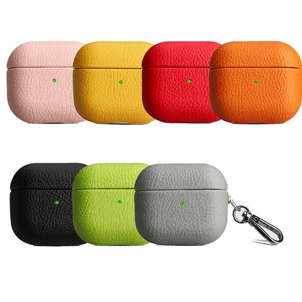 Bolsa de armazenamento de couro de grãos de lichia de luxo para airpods 2 fone de ouvido sem fio Durável Anti-esquiliado protetor de cor sólido protetor de choque com gancho de chaveiro com gancho de chaveiro