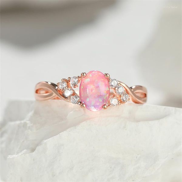 Anéis de casamento Oval Cut Fire Purple Opal for Women Rose Gold Color Bands Love Infinity Ring Promise noivado Jóias Presentes