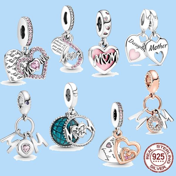 925 Sterling Silber Charms für Pandora Schmuck Perlen Damen Schmuck Mom Letters Heart Double Dangle