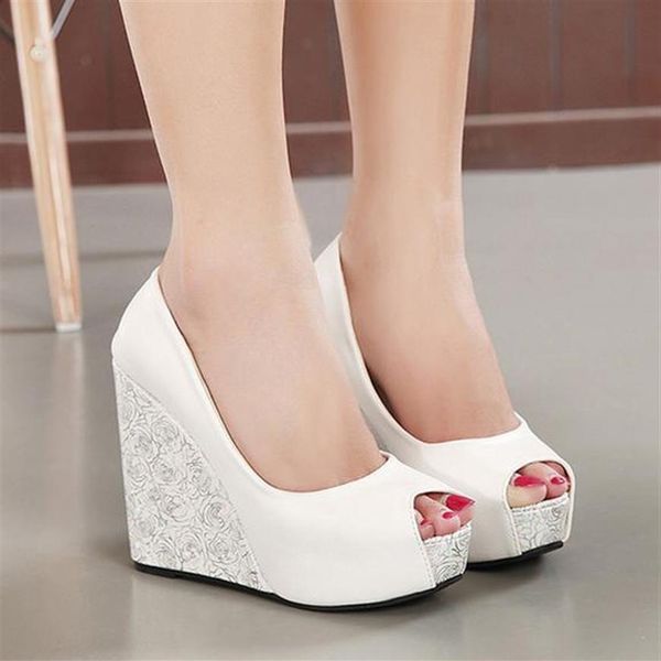 New White Wedge Heel Bride Wedding Shoes Blue Peep Toe Plataforma Alta Plataforma de Bridesmaid Sapatos 2 Cores Tamanho 34 a 393046