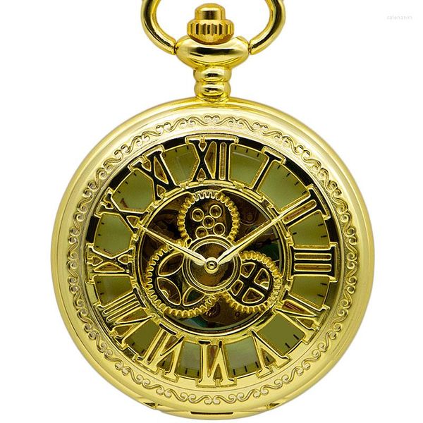 Orologi da taschino tutto oro personalità ingranaggi orologio meccanico ciondolo FOB uomo quadrante scheletro stile antico regalo da donna