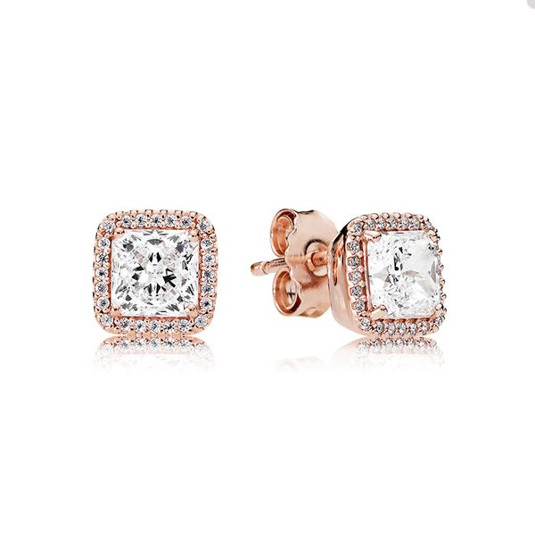 Luxuriöse quadratische Ohrstecker in Roségold für Pandora, 925er Sterlingsilber, Party-Schmuck, Designer-Ohrring für Frauen, Schwestern, Geschenk, CZ-Diamant-Ohrring mit Originalverpackung