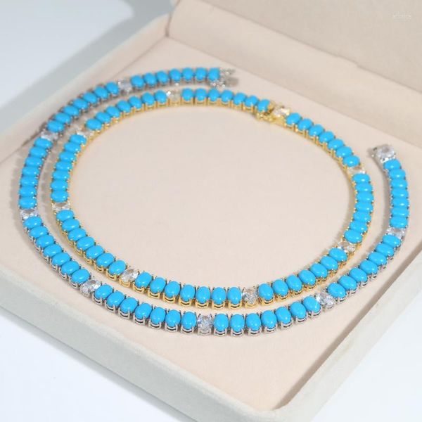 Цепи овальная форма белая CZ Blue Turquoises Каменная теннисная цепь 16 ”Choker Women Ожерелье летние модные украшения
