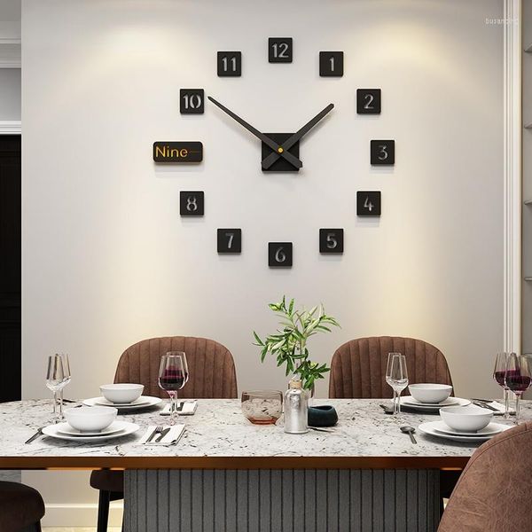 Wanduhren, Uhr, Zahlen, selbstklebend, stanzfrei, kreativer Aufkleber, Wohnzimmer-Dekoration, schwarze quadratische Uhr, Deko-Wandbild