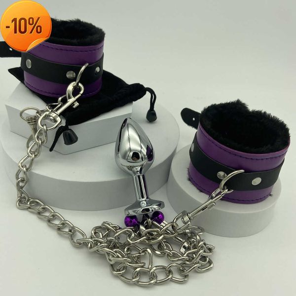 Massagem BDSM Bondage Strap corda Kit de algemas de couro ajustável com brinquedos sexuais de plug de plug de contas anal metal para homens morda