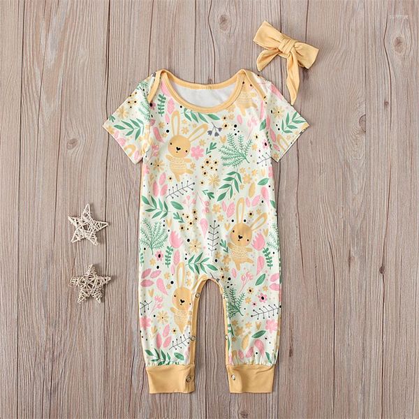 Set di abbigliamento Baby Girl 2 pezzi Set di abiti Tuta a maniche corte con stampa di piante di cartoni animati con fascia per abiti pasquali