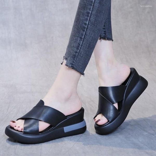 Mulheres Wedge Sandals S Plataforma de verão Alto salto de peixe Sapatos de couro macio Sapato FIH aumentado