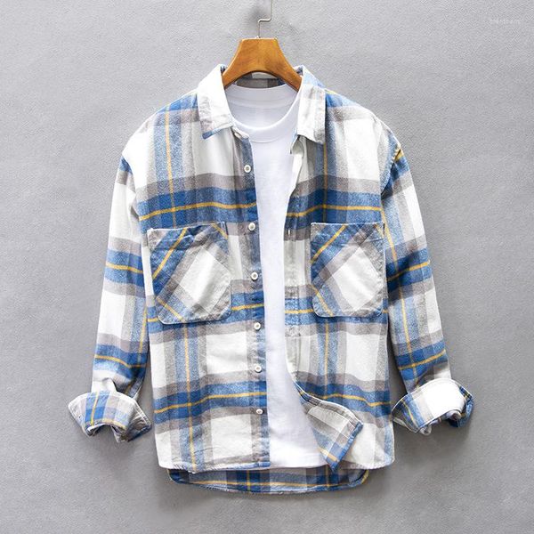 Herren-Freizeithemden, japanischer Stil, einfache Mode, klassisches kariertes Hemd für Herren, Baumwolle, Schleifen, Langarm, Doppeltaschen-Reversbluse, männlich