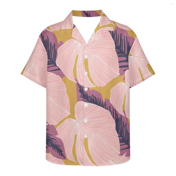 Camicie casual da uomo modello foglia di piantaggine tropicale estate hawaiana rosa floreale uomo top manica corta bottoni chemise vacanze allentate